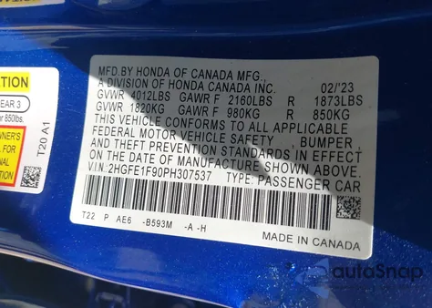 2023 Honda Civic Touring z USA, uszkodzony, nr VIN 2HGFE1F90PH307537